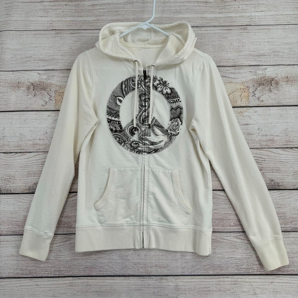 Lucky Brand BOHO Asian Peace Sign Zip Hoodie Sweatshirt Women's‎ S Ivory White